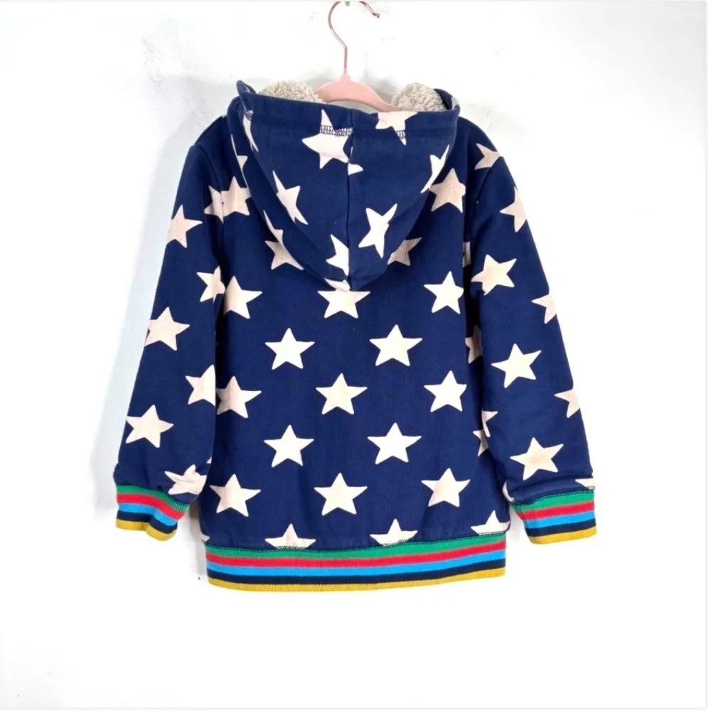 Mini Boden Sherpa Lined Star Hoodie 5-6Y Rainbow Trim Unisex Navy Preppy School